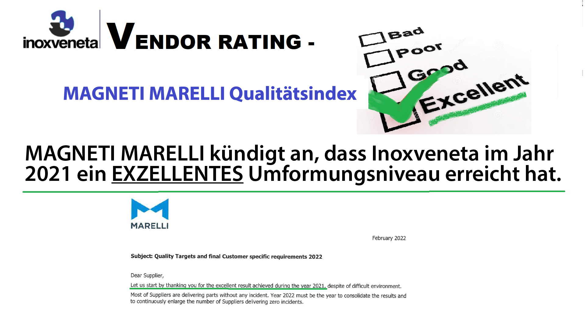 Inoxveneta wird von Magneti Marelli als exzellenter Lieferant von Hydroforming-Rohren für das Jahr 2021 anerkannt.